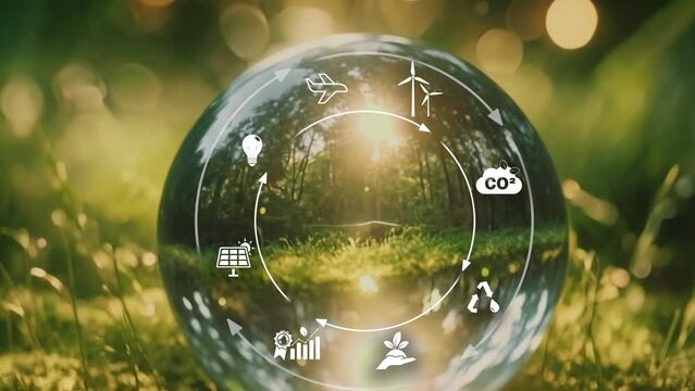 Circular economy concept for future business growth and environmental sustainability and reduce pollution for future business and environmental growth.Crystal gloge with digital icons no logo loop. Co