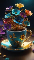 Coffee cup, herbal tea drink tumbler with 3d colorful flowers, abstract inspirational food and beverage concept background.