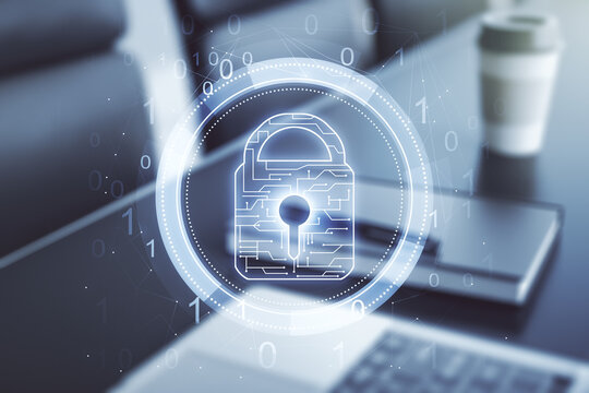 Double exposure of creative lock hologram with chip on laptop background. Information security concept