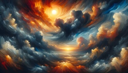 This image features an artistically rendered, swirling cloud vortex illuminated by a bright central sun, blending fiery orange and cool blue tones.

