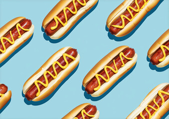 Pattern of Hot Dogs with Mustard on Blue..
