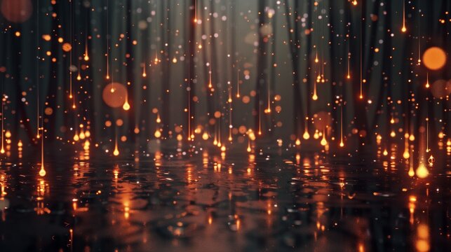 Abstract image featuring glowing orange particles falling onto a wet reflective surface with a dreamy, bokeh effect.
