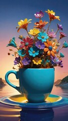 Coffee cup, herbal tea drink tumbler with 3d colorful flowers, abstract inspirational food and beverage concept background.