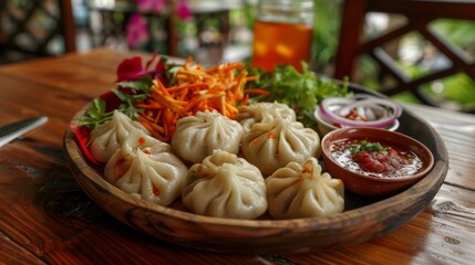 Wooden Bowl Filled With Dumplings and Vegetables