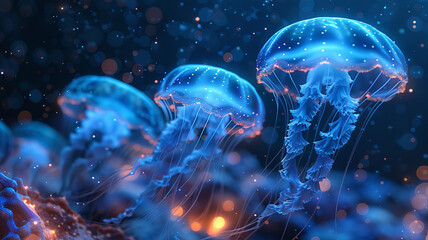 Luminescent jellyfish drifting through a sea of liquid glass.