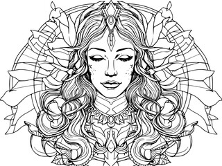 Beautiful woman drawing with ancient ornament in black and white coloring page, line style