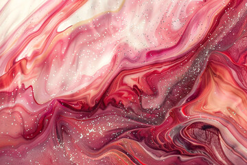 Vivid coral marble ink swirling enchantingly over a celestial abstract scene, shimmering with delicate glitters, invoking vibrancy.