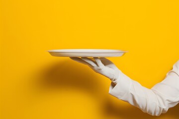 Elegant hand holding empty tray on vibrant yellow background exudes sophistication