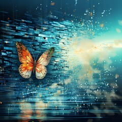 Vector illustration of butterfly flying over blue background - obrazy, fototapety, plakaty