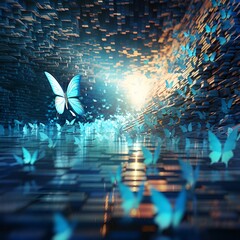 A dark tunnel with blue butterflies flying through it - obrazy, fototapety, plakaty