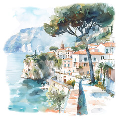 Watercolor painting of coastal Italian town