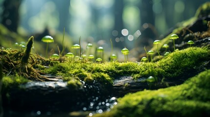 A serene mossy forest with lush green plants and glistening water droplets - obrazy, fototapety, plakaty