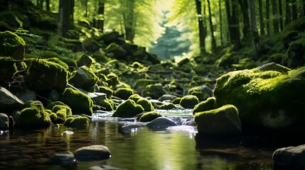 Tranquil forest stream with mossy rocks. Vector - obrazy, fototapety, plakaty