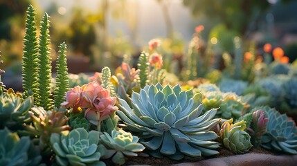A vibrant garden filled with an assortment of succulents - obrazy, fototapety, plakaty