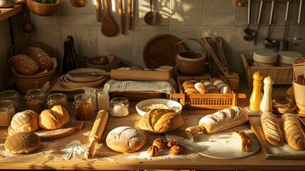 Fototapeta na wymiar Home-Based Bakery Business: A Warm Picture of Freshly Baked Goods and Baking Essentials