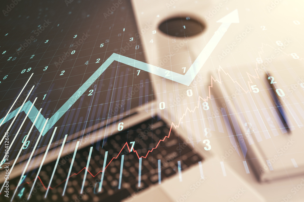 Aufkleber multi exposure of abstract financial graph with upward arrow on modern computer background, financia
