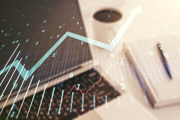 Multi exposure of abstract financial graph with upward arrow on modern computer background,...