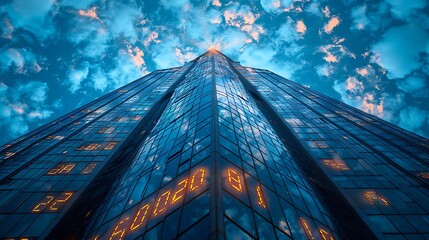 Capture the essence of corporate growth with a visually stunning image of a corporate building silhouette filled with dynamic stock charts and digital numbers.