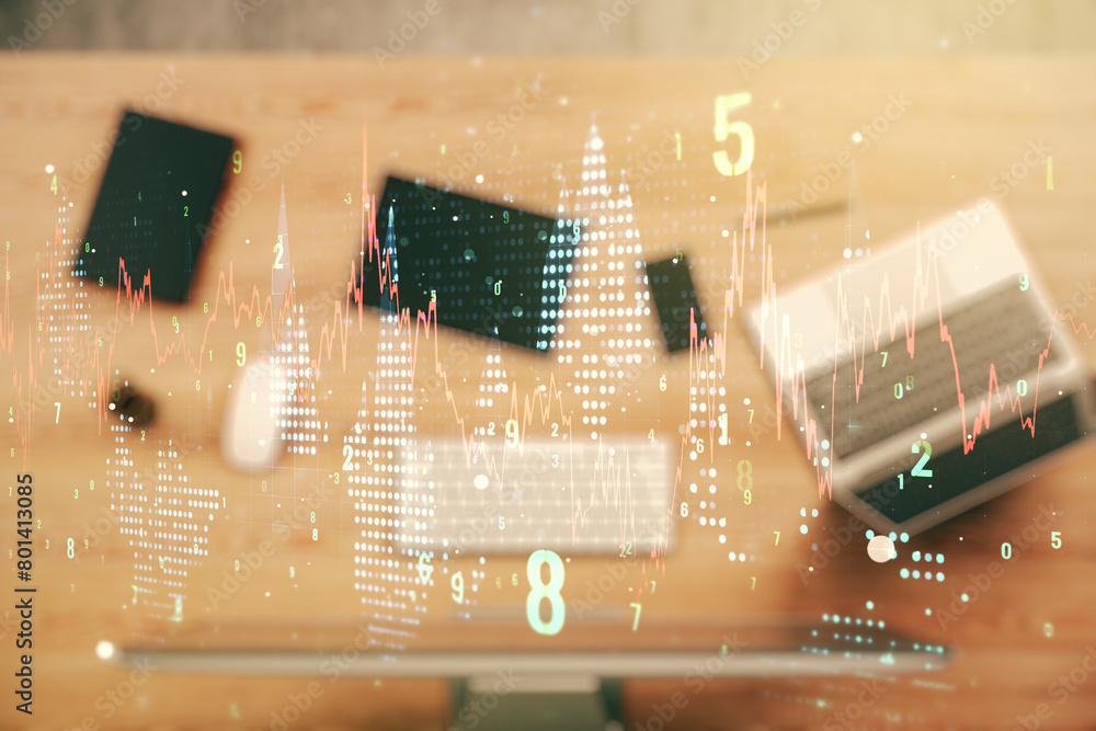 Poster multi exposure of abstract creative financial chart on computer background, research and analytics c