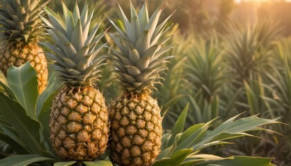 pineapples growing on a plant, with a warm, golden sunset in the background