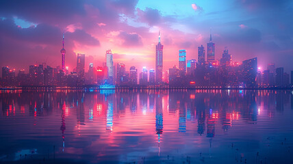 Neon-infused city skyline reflecting off a tranquil lake.
