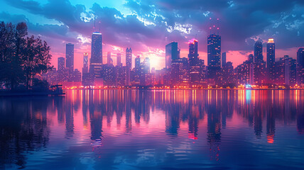 Neon-infused city skyline reflecting off a tranquil lake.