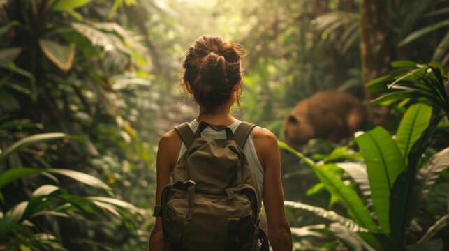 An intelligent and beautiful brown haired woman, wearing casual clothes, trekking through a beautiful jungle, facing into the jungle
