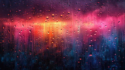 Neon raindrops falling gently on a canvas of midnight velvet.