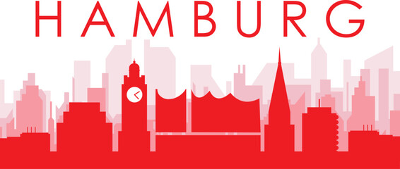 Fototapeta premium Red panoramic city skyline poster with reddish misty transparent background buildings of HAMBURG, GERMANY