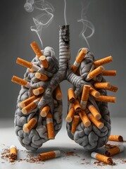 Visual representation of human lungs made of cigarettes, emphasizing the harmful impact of smoking on respiratory health through digital art concept - obrazy, fototapety, plakaty