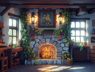 Low-poly digital illustration of a charming pirate-themed medieval diorama with a cozy fireplace and vibrant foliage - obrazy, fototapety, plakaty