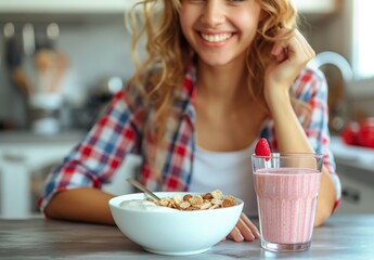 Smiling woman in plaid shirt enjoying yogurt, cereal, and a strawberry smoothie for breakfast in close-up photo - obrazy, fototapety, plakaty