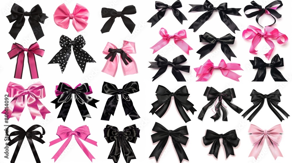 Wall mural Emo pink bow set. Y2k style. Goth subculture coquette isolated on white background. Ai generative