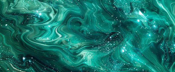 Vibrant jade marble ink swirls enchantingly amidst a mesmerizing abstract backdrop, twinkling with luminous glitters in shades of green and emerald.
