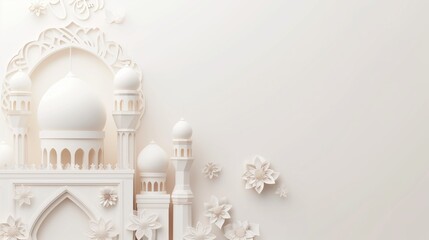 Elegant monochrome paper art composition displaying an Islamic mosque design with floral patterns.