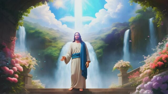 Jesus Christ's welcome at the gate of the garden of heaven with the beauty of flowering gardens and waterfalls
