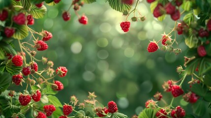 Vivid image of ripe raspberries hanging from the branches, surrounded by lush greenery.
