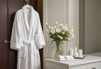 A white bathrobe hanging on a door, with a vase of white flowers and other bathroom accessories in the background
