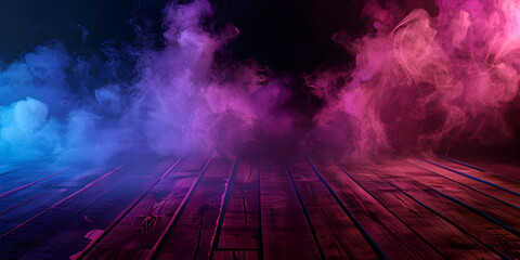 Neon Noir: Dark Scene with Old Wooden Floor and Smoke, Vintage Glow: Neon Light and Smoke on Old...