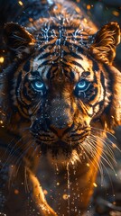 Digital Majesty: Blue-Eyed Tiger Amidst Sparkling Lights