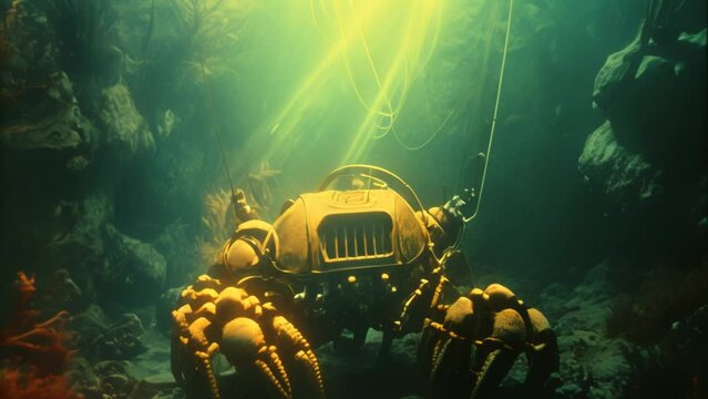 Deep sea crab submarine exploring the depths of the ocean animation