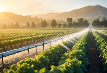 A green vineyard with rows of grape vines being watered by an irrigation system at sunset