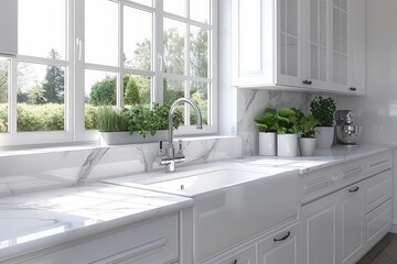 Bright large deep blue kitchen with marble counter.