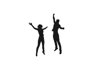Fototapeta na wymiar young couple friends jumping silhouettes. People holding hands in a jump vector. People jumping, friends man and woman set. Vector silhouette of woman jumps on white background. black and white.