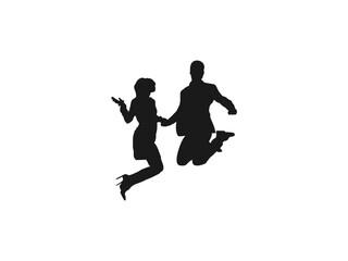 young couple friends jumping silhouettes. People holding hands in a jump vector. Illustration of people jumping-silhouettes. Cheerful man and woman isolated. Jumping friends colorful background.