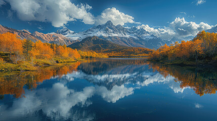 A stunning autumn landscape featuring towering snowcapped mountains, reflecting in the clear blue sky and calm waters of crystal clear lakes surrounded by vibrant golden trees. Created with Ai