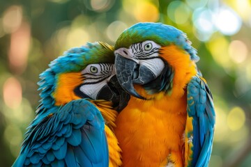 Obraz premium Parrots in Brazil. Two parrots in Brazil. Parrots hugging. Dia dos Namorados. Saint Antony’s Day. Happy Valentine’s Day in Brazil. Two parrots hugging in Brazil