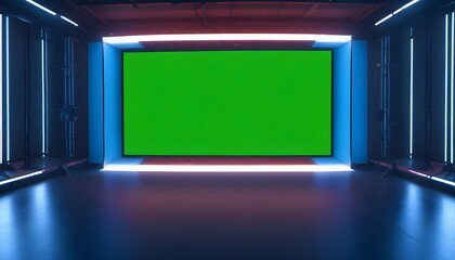 A large green screen in a studio setting with blue and red lighting
