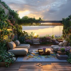 Fototapeta premium A beautiful rooftop terrace with a view of the city. The terrace is decorated with plants and flowers, and there is a seating area with comfortable sofas and chairs.