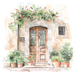 Fototapeta na wymiar Blooming doorway in peaceful watercolor style
